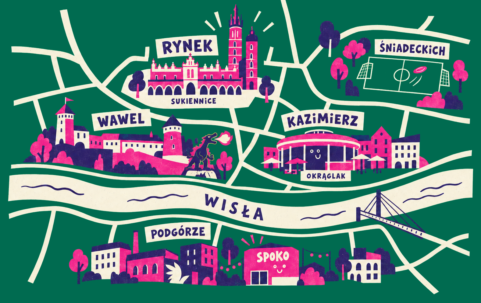Ilustrowana mapa Krakowa: Rynek, Wawel, Kazimierz, Podgórze i boiska przy Śniadeckich